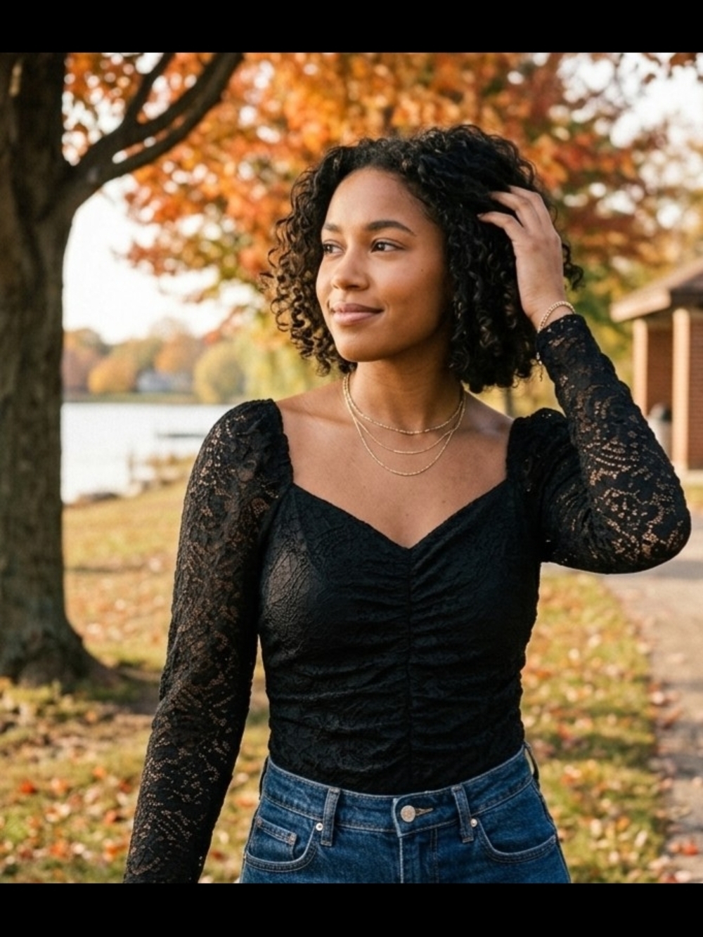 IRIS Black Floral Lace Ruched Long Sleeve Bodysuit M